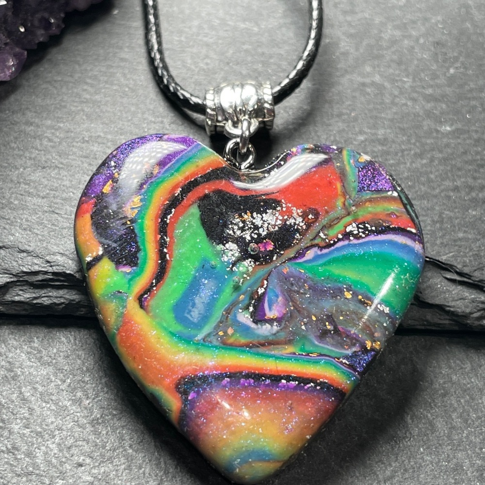 Lisa Frank Inspired Rainbow Galaxy Heart Pendant Necklace Hand Crafted - Picture 6 of 14